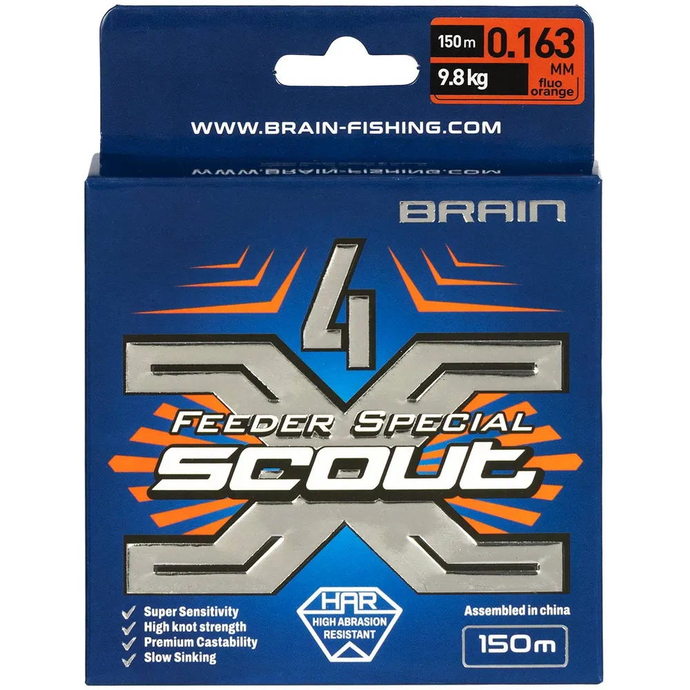 Шнур Brain Scout 4X 150m (fluoro Orange) 0.163mm 9.8kg