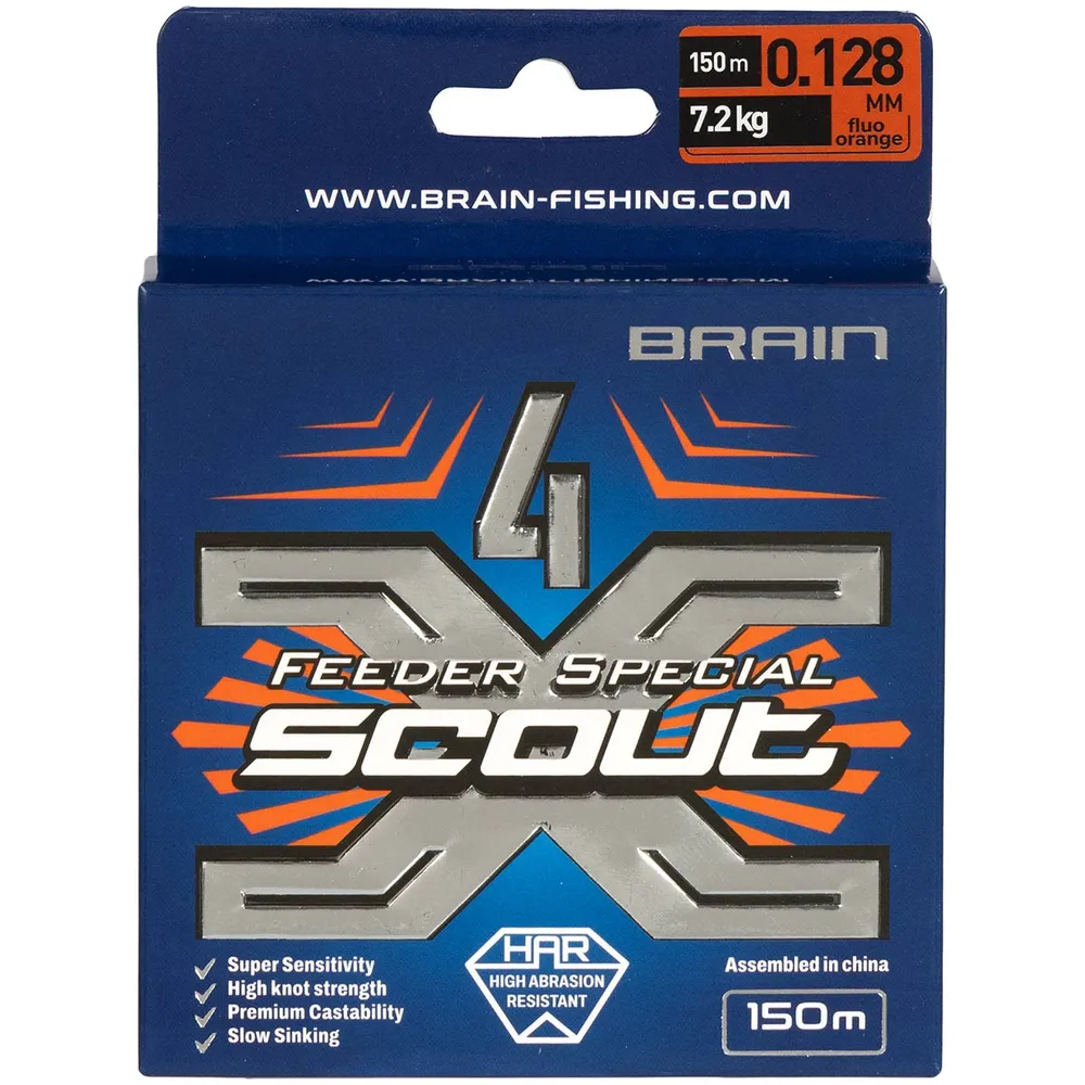 Шнур Brain Scout 4X 150m (fluoro Orange) 0.128mm 7.2kg